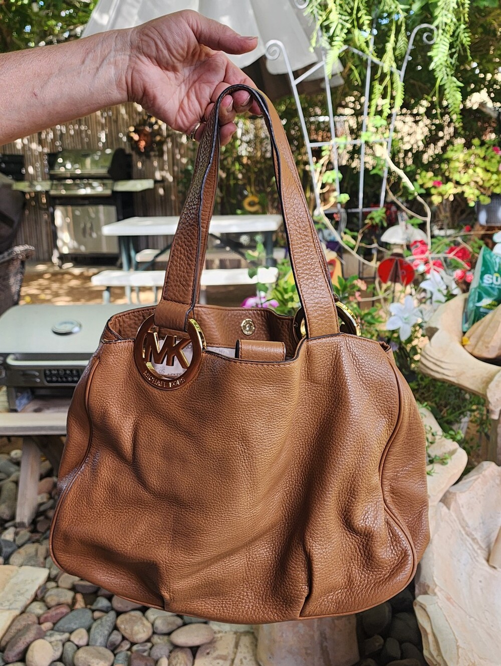 Michael Kors Tan Pebbled Leather Shoulder Bag with Gold MK Charm